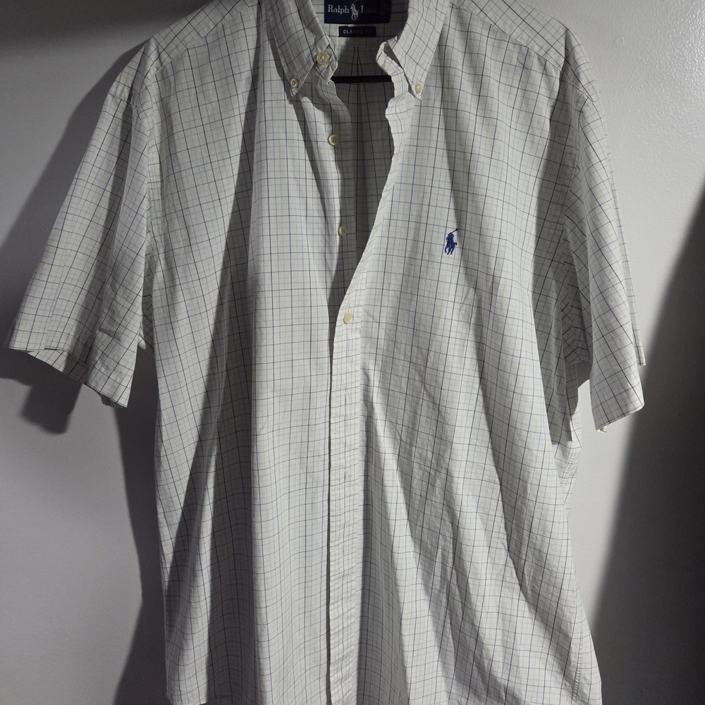 Ralph Lauren Shirt Mens Large Cotton Plaid White Polo Button Up Short Sleeve